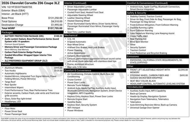 2026 Chevrolet Corvette Z06 3LZ